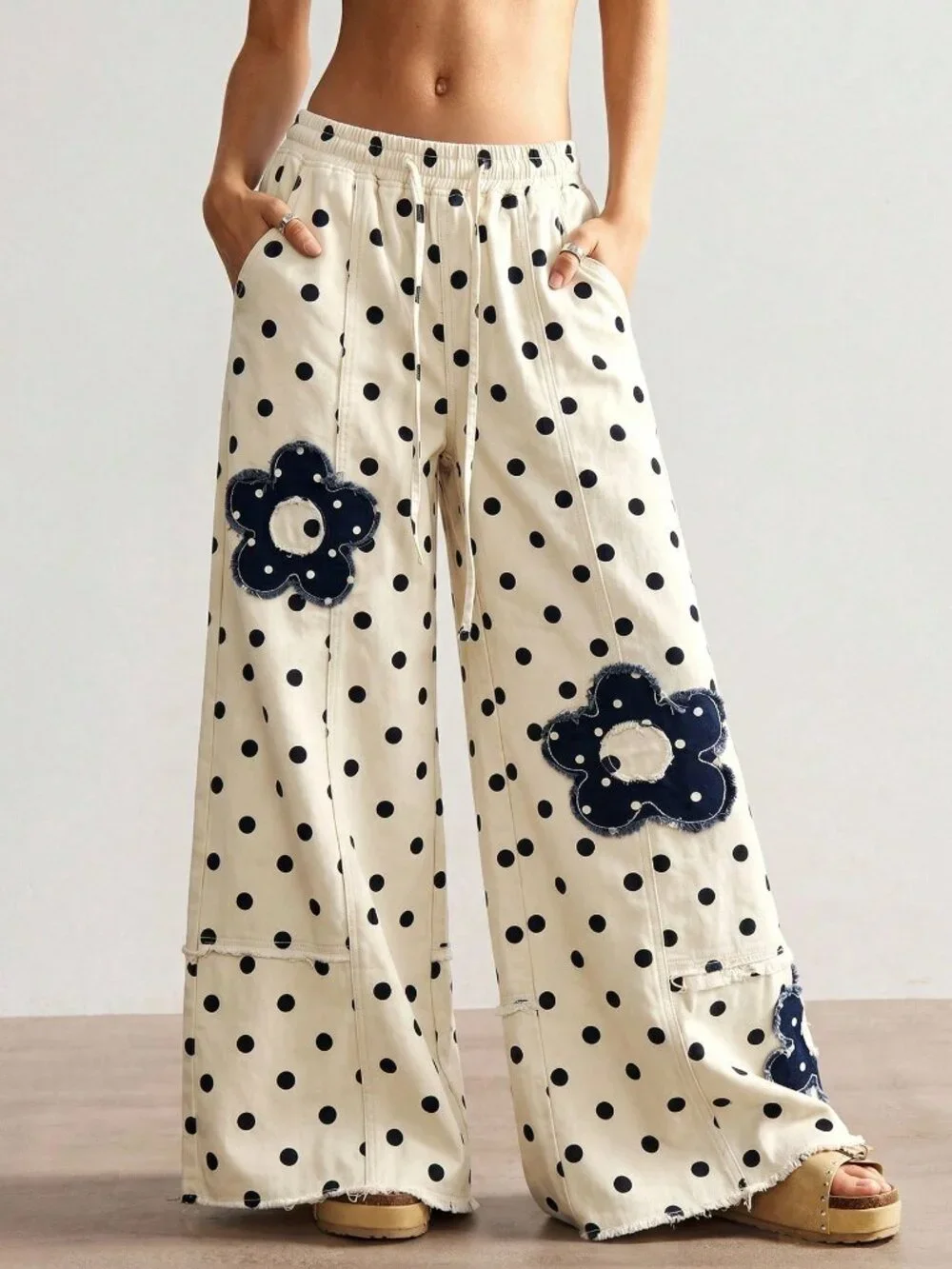 Multicolor Casual Boho Women's Polka Dot Patchwork Loose Wide Leg Pants